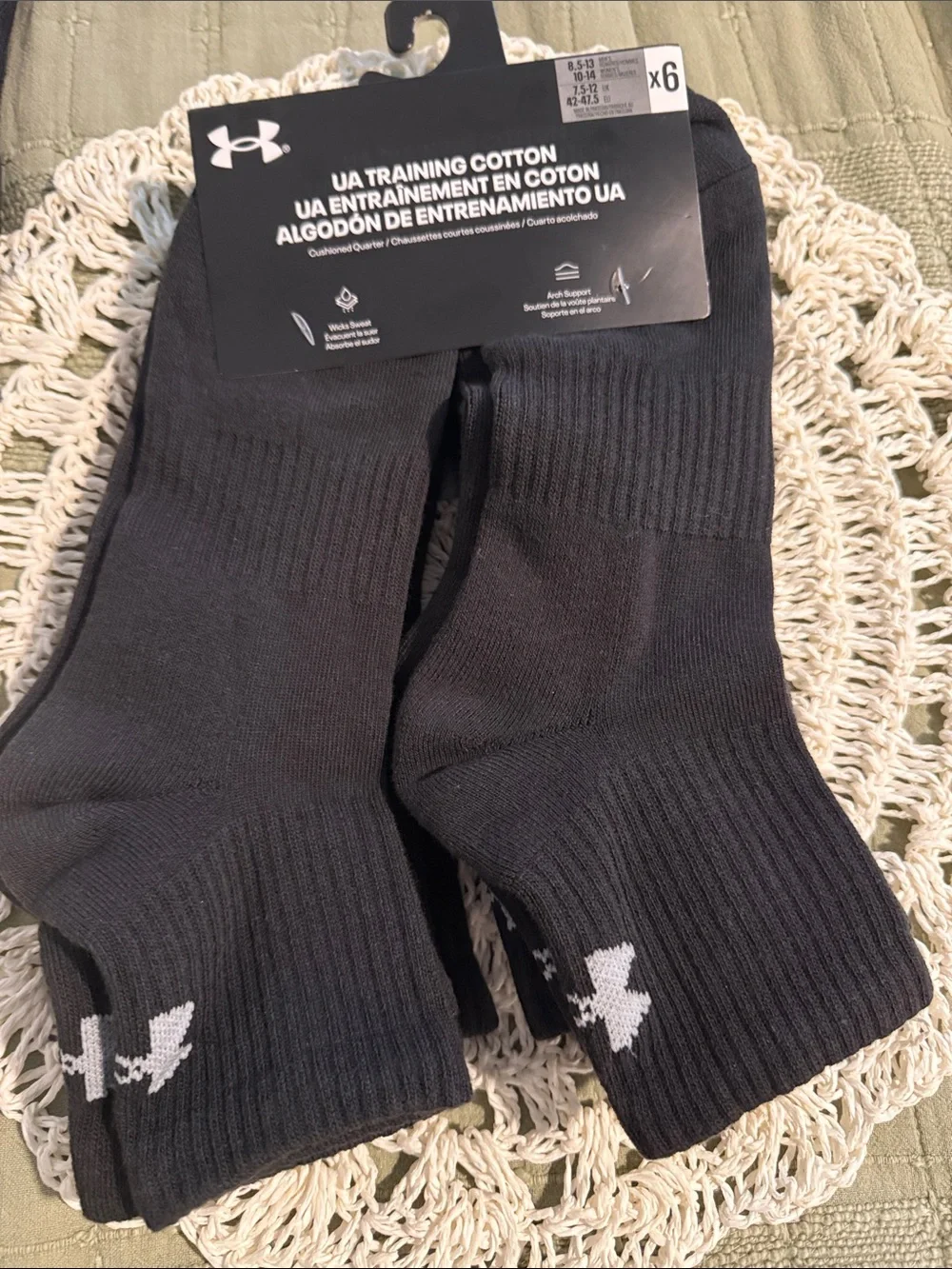 2/$25 Under Armour Men’s Black Crew Athletic Socks with White Logo - 6 Pack